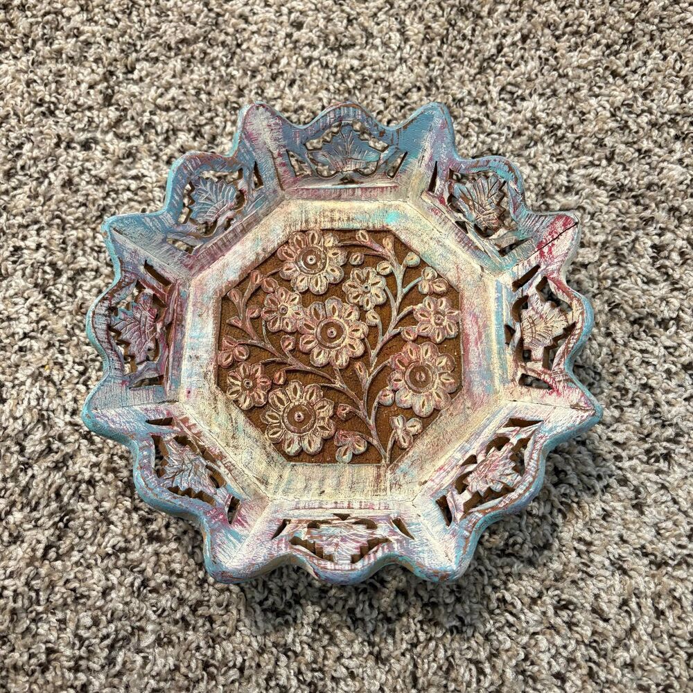 Vintage Hand Carved Wooden Trinket Dish | Boho Floral Jewelry Tray | Cottagecore